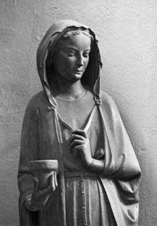 Südliches Westportal — Rechtes Gewände: Christus und die klugen Jungfrauen — Wandfeld neben dem rechten Gewände, linke Figur: Kluge Jungfrau
