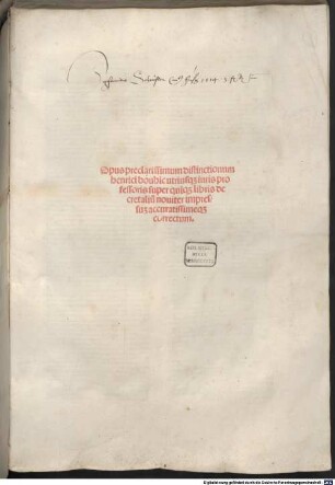 Opus preclarissimum distinctionum henrici bouhic utriusq[ue] iuris professoris super qui[n]q[ue] libris decretaliu[m], 1