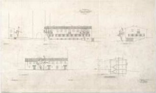 Gsaenger, Gustav; Kassel (Hessen); Kreuzkirche, Wiederaufbau - Eingabeplan Pfarrhaus, Ost,- West,- Nord- u. Südseite (Ansichten), Schnitt