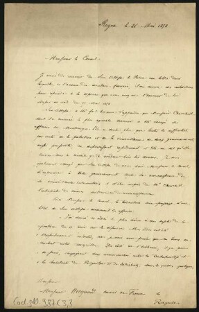 52 Briefe, Originale bzw. Abschriften: Diplomatische Korrespondenz der Hauptakteure der Montenegropolitik der Jahre 1857-1861 - BSB Cod.gall. 987(1-5, Teil 3,3. The Hyacinthe Hecquard - Prince Danilo I correspondence, 1858 (5 pieces of correspondence written during the dramatic first half of 1858), Nr. 3: Prince Danilo I (via Henri Delarue) to Hyacinthe Hecquard, May 21, 1858 - BSB Cod.gall. 987(3,3