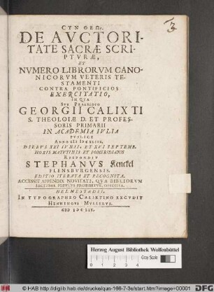 De Auctoritate Sacrae Scripturae, Et Numero Librorum Canonicorum Veteris Testamenti Contra Pontificios Exercitatio