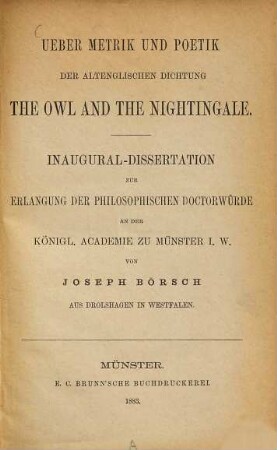 Ueber Metrik und Poetik der altenglischen Dichtung The Owl and the Nightingale