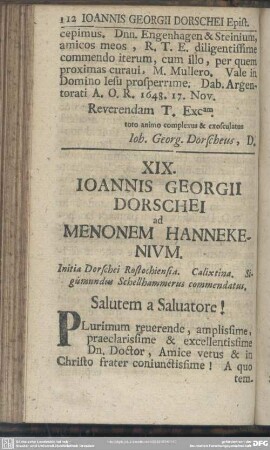 XIX. Ioannis Georgii Dorschei ad Menonem Hannekenium