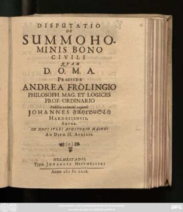 Disputatio De Summo Hominis Bono Civili