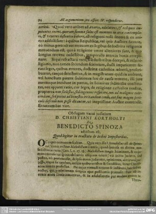 Ob fugam vacui iudicium D. Christiani Kortholti De Benedicto Spinoza adiectum est, Quod legitur in tractatu de tribus Impostoribus