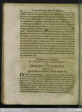 Ob fugam vacui iudicium D. Christiani Kortholti De Benedicto Spinoza adiectum est, Quod legitur in tractatu de tribus Impostoribus