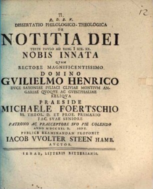 Diss. philol. theol. de notitia Dei teste Paulo ad Rom. I, XIX. XX. nobis innata