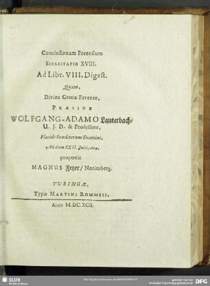 Conclusionum Forensium Exercitatio XVIII. Ad Libr. VIII. Digest.