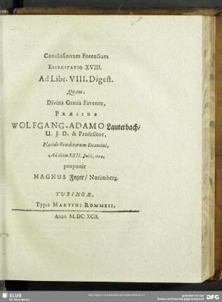Conclusionum Forensium Exercitatio XVIII. Ad Libr. VIII. Digest.