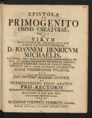Epistola De Primogenito Omnis Creaturae, Coloss. I, 15