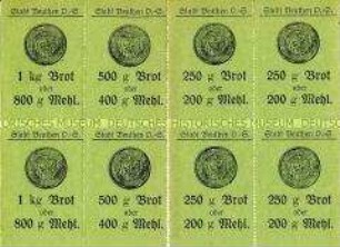 Block mit 8 Brotmarken der Stadt Beuthen