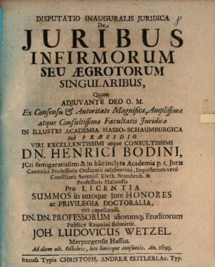 Disp. inaug. jur. de juribus infirmorum, seu aegrotorum singularibus
