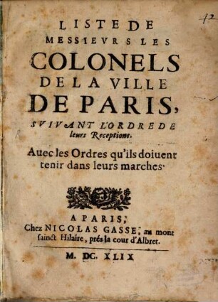 Liste de Messieurs les Colonels de la ville de Paris