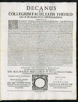 Decanus Et Collegium Facultatis Theologicae In Alma Hac Eberhardina Lectoribus S. & O.