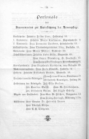 Personale des Frauenvereins zur Unterstützung der Armenpflege.