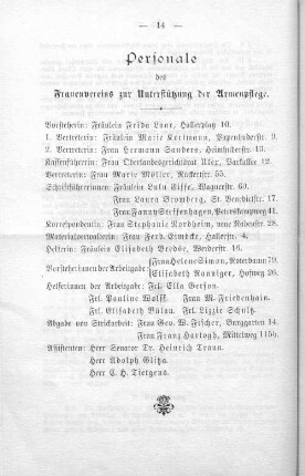 Personale des Frauenvereins zur Unterstützung der Armenpflege.