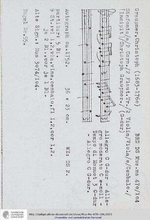 Sinfonia / a / 2 Corn. / 2 Flaut. Tr. / 2 Violin / Viola / e / Cembalo. / [Incipit] / Christoph Graupner.