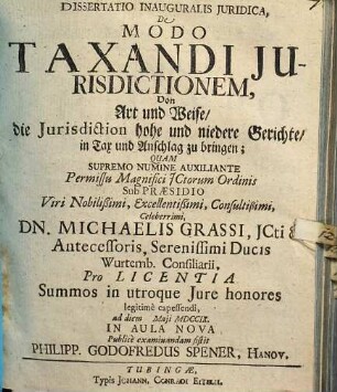 Dissertatio inauguralis iuridica, de modo taxandi iurisdictionem, von Art und Weise, die Jurisdiction, hohe und niedere Gerichte, in Tax und Anschlag zu bringen