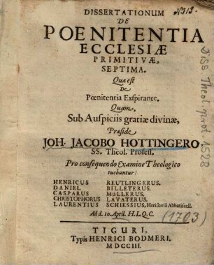 Dissertationum De Poenitentia Ecclesiae Primitivae, Septima