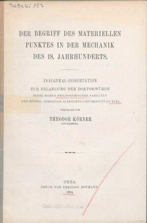 Der Begriff des materiellen Punktes in der Mechanik des 18. Jahrhunderts