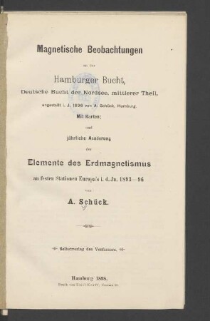 Magnetische Beobachtungen an der Hamburger Bucht, Deutsche Bucht der Nordsee, mittlerer Theil : angestellt i. J. 1896