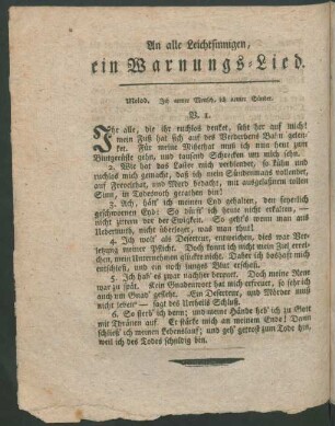 An alle Leichtsinnigen, ein Warnungs-Lied