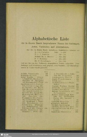Alphabetische Liste der in diesem Bande besprochenen Namen der Gattungen, Arten, Varietäten und Aberrationen