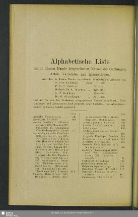 Alphabetische Liste der in diesem Bande besprochenen Namen der Gattungen, Arten, Varietäten und Aberrationen