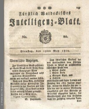 No. 20, Dienstag, den 15ten May 1810