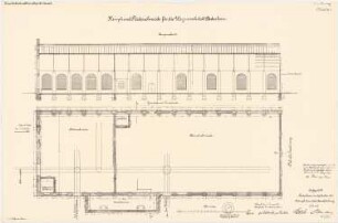 Wagenwerkstatt, Paderborn: Haupt- Räderschmiede: Grundriss Fundamente, Erdgeschoss, Längsschnitt 1:100