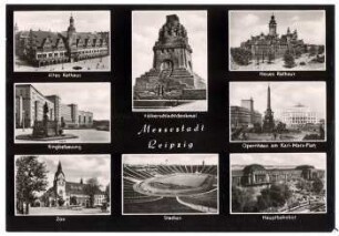 Messestadt Leipzig: Altes Rathaus; Völkerschlachtdenkmal; Neues Rathaus; Ringbebauung; Opernhaus am Karl-Marx-Platz; Zoo; Stadion; Hautpbahnhof