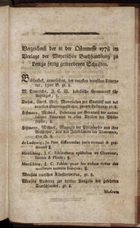 Verzeichniß der in der Ostermesse 1778 im Verlage der Meyerschen Buchhandlung zu Lemgo fertig gewordenen Schriften.
