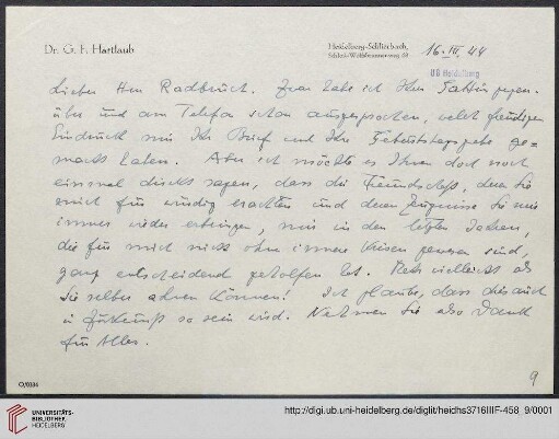 Heid. Hs. 3716 III F - 458,9: Brief von Gustav Friedrich Hartlaub an Gustav Radbruch