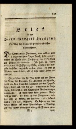 Brief an den Herrn Marquis Lucchesini, Sr. Maj. des Königs in Preußen wirklichen Kammerherrn