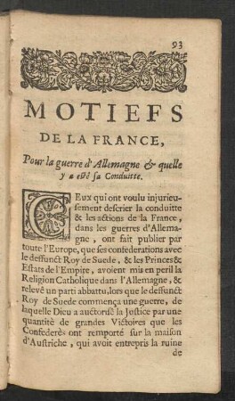 Motiefs De La France, Pour la guerre d'Allemagne & quelle y a esté sa Conduitte.