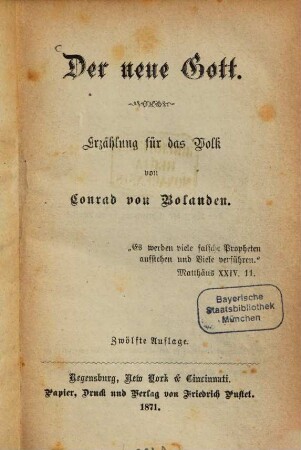 Der neue Gott : Erzählung für das Volk