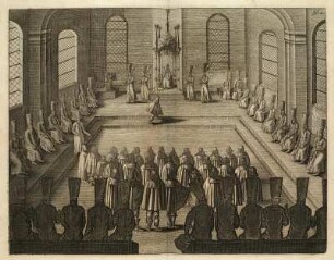 Thronsaal des Zaren in Moskau. Kupferstich aus: Olearius, Adam ; Mandelslo, Johann Albrecht: Offt begehrte Beschreibung Der Newen Orientalischen Reise, So durch Gelegenheit einer Holsteinischen Legation an den König... 1647. Dresden: SLUB Geogr.C.96