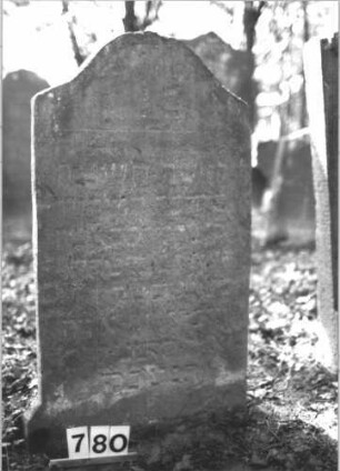 Grabstein 780 (Index: 99900335) Material: Sandstein Zustand: stark verwittert Maße HxBxT: 120x63x7 cm Beschreibung: Stele mit Konvexbogenabschluss Besonderheit: vermutete Identifizierung nach Gräberverzeichnis und Sterberegister: Grabstein 780