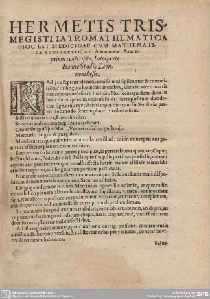 HERMETIS TRISMEGISTI IA TROMA AT HEMATICA
