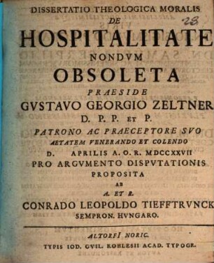 Dissertatio theologica moralis de hospitalitate nondvm obsoleta
