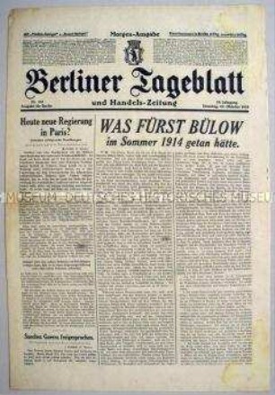 "Berliner Tageblatt" u.a. zum Tod von Fürst Bülow und zur Regierungskrise in Frankreich