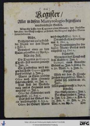 Register Aller in disem Martyrologio begriffnen merckwürdigen Sachen.