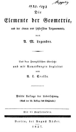 Die Elemente der Geometrie, und der ebenen und sphärischen Trigonometrie