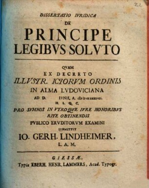 Dissertatio Ivridica De Principe Legibvs Solvto
