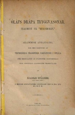 Óláfs drápa Tryggvasonar : Fragment ur "Bergsboken" ; akademisk afhandling