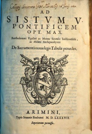 Ad Sistum V. ... de Sacramentis novae legis tabulae