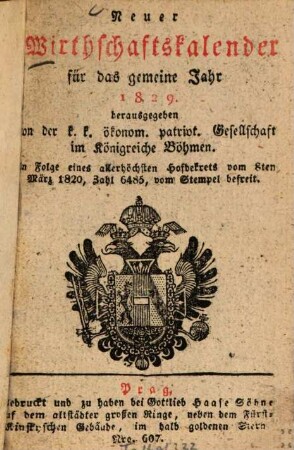 Neuer Wirthschafts-Kalender : für das gemeine Jahr .... 1829