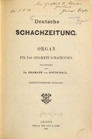 Deutsche Schachzeitung : amtl. Organ d. Deutschen Schachbundes. 51. 1896