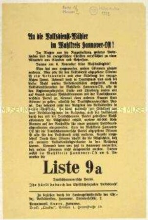 Aufruf des Christlich-sozialen Volksdienstes zur Reichstagswahl am 6. November 1932