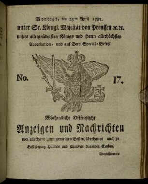 No. 17. Montags, den 23ten April 1781.
